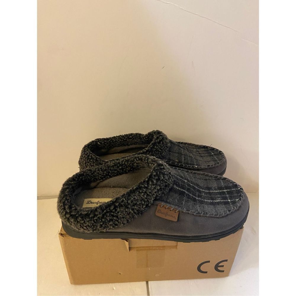 Dearfoam gray slippers size 11-12 faux fur‎ trim hard soles